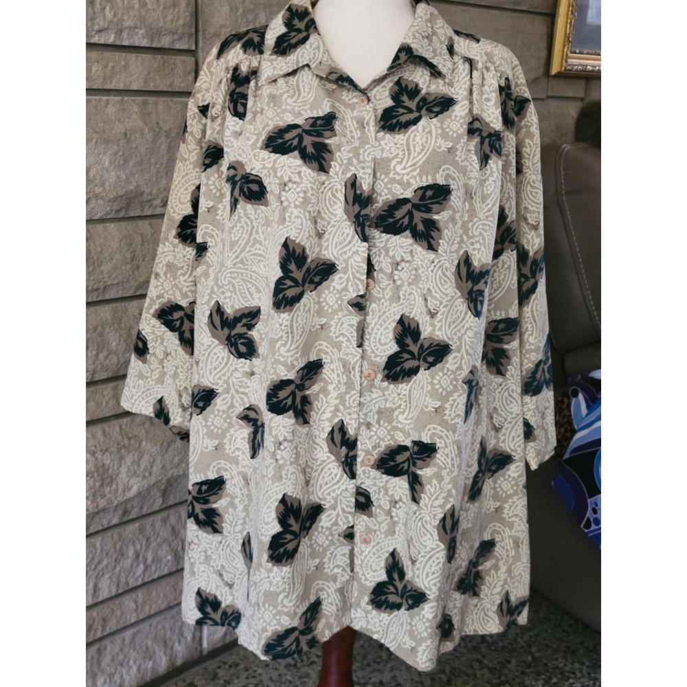 Maggie Barnes 4X Beige Paisley Leaf Print Button Down Shirt Blouse Womens